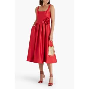 Marchesa Notte NWT $795 Poppy Red Floral Applique Duchess Satin Midi Dress SZ 10